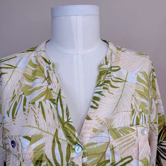 C&C California 100% Linen Tropical Botanical Print Buttons Roll Sleeve Blouse L - Picture 5 of 15